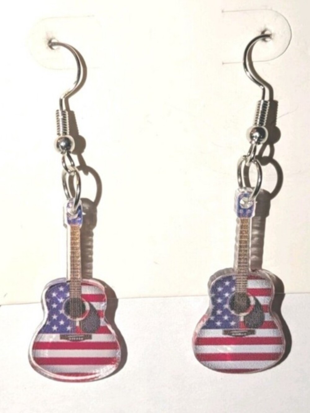 American Flag Acoustic Guitar Dangle Earrings - Patriotic Guitar Charm